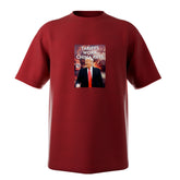 A red unisex T-shirt with the text 'Tariffs Work, China Pays' printed on the front.